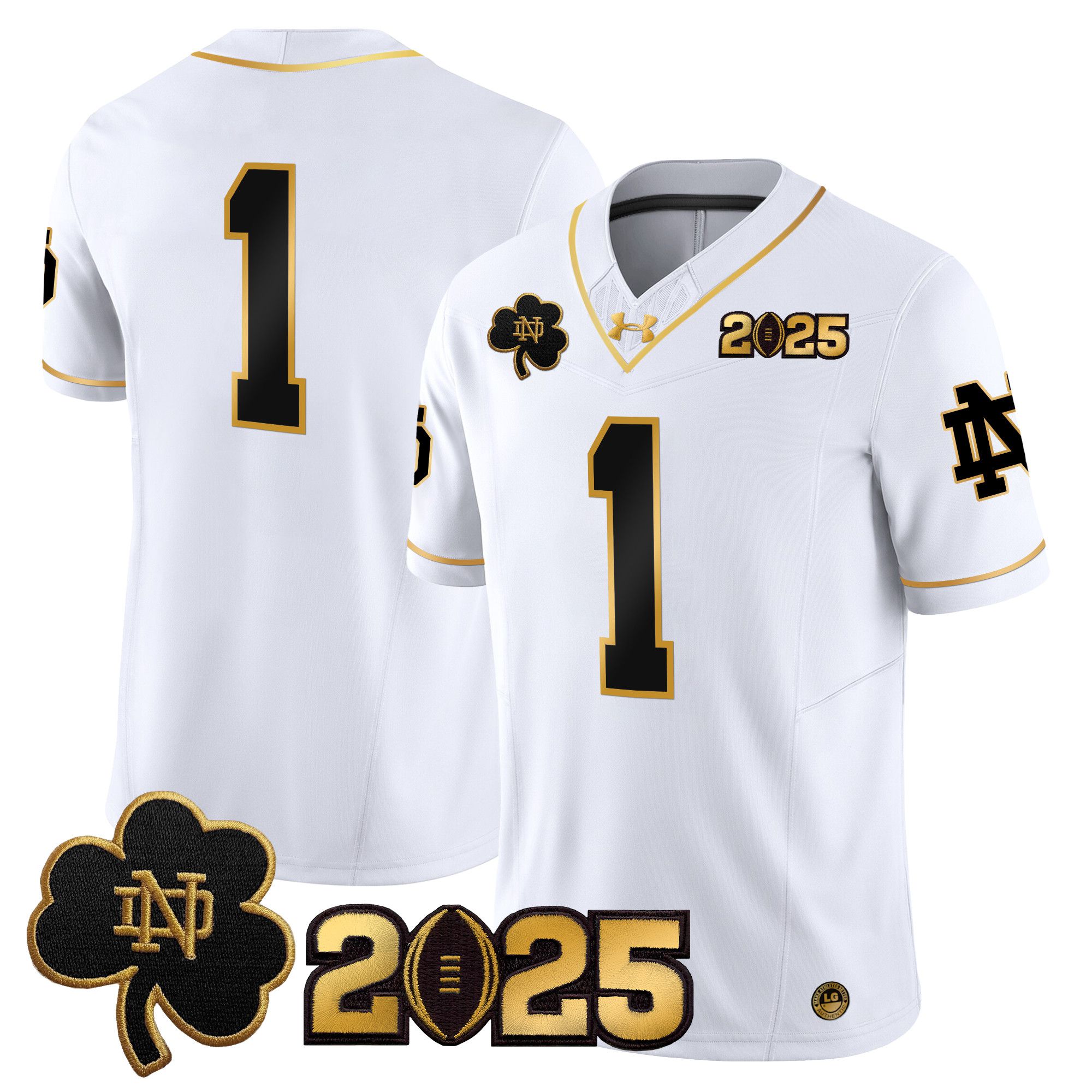 Men Notre Dame Fighting Irish #1 No Name White 2025 CFP Final Patch Gold Vapor Limited NCAA Jersey